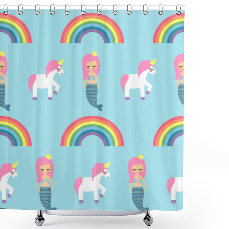 Personality  Seamless Pattern With Mermaids, Unicorns And Rainbows On Blue Background. Shower Curtains