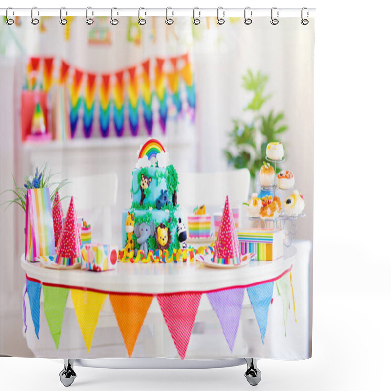 Personality  Child Birthday Party. Kids Blow Candle On Cake. Shower Curtains