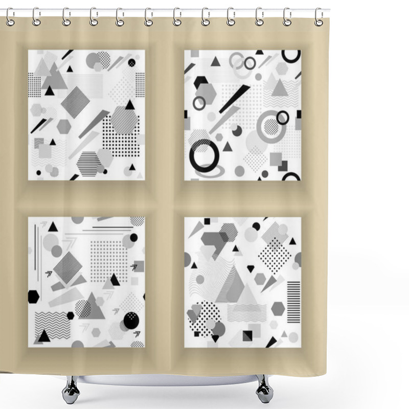 Personality  Set  Abstract Seamless Pattern In Postmodern Memphis Style Black  Grey On White Shower Curtains