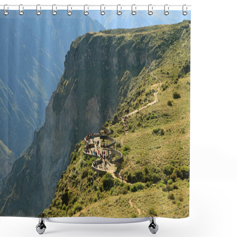 Personality  Many Visitors Watching The Andean Condor Birds From The Viewing Balcony At Colca Canyon, Arequipa, Peru Shower Curtains