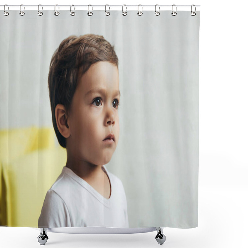 Personality  Portrait Of Adorable Toddler Looking Away At Home Shower Curtains