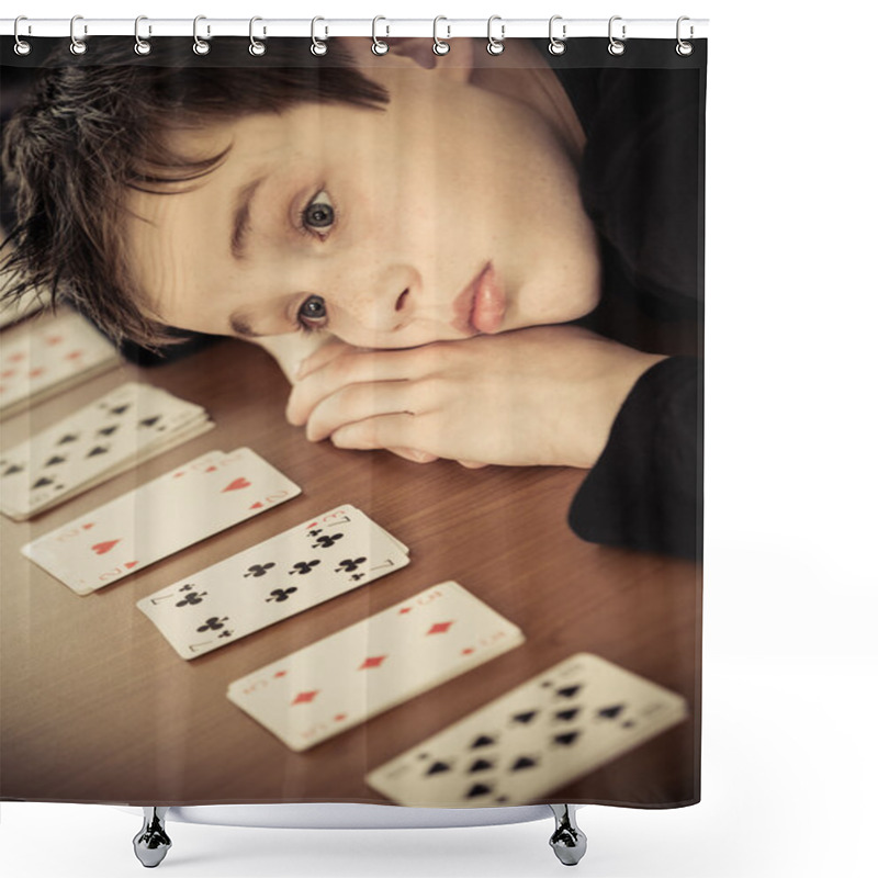 Personality  Sad Boy Lays His Head On Table By Row Of Cards Shower Curtains