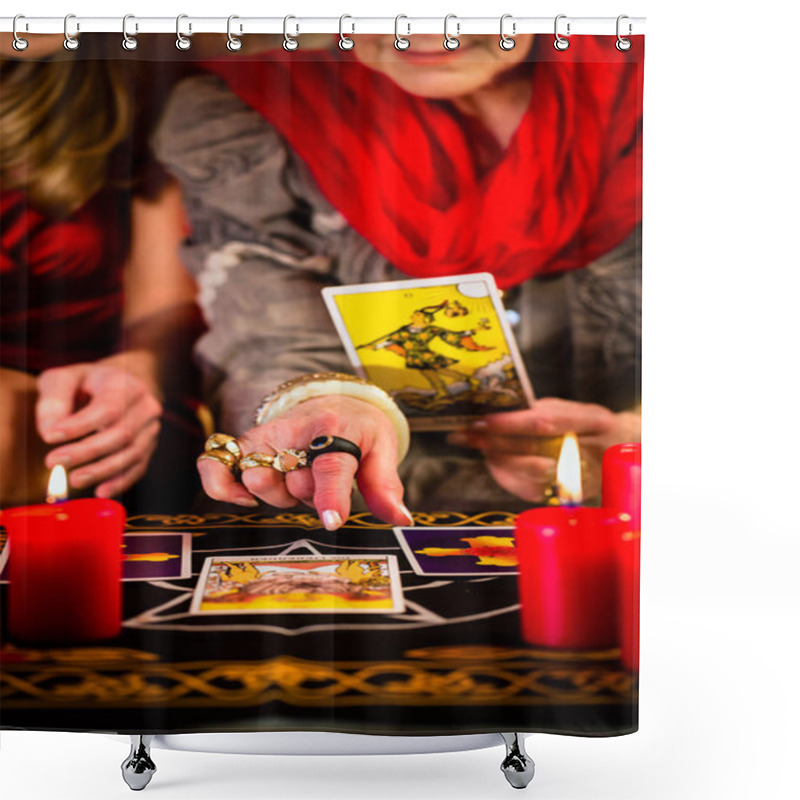 Personality  Fortuneteller Laying Tarot Cards With Client Shower Curtains