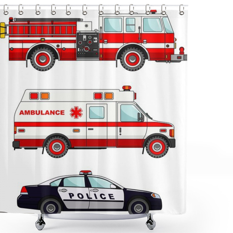 Personality  Fire Truck, Police And Ambulance Cars Isolated On White Background In Flat Style Shower Curtains