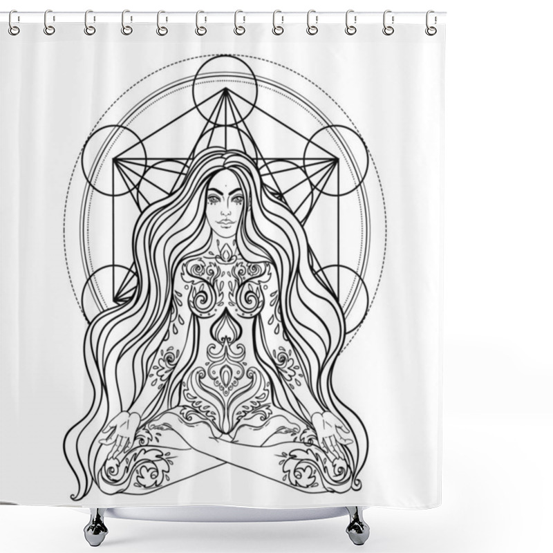 Personality  Tribal Goddess. Boho Girl Over Black And White Ornate Mandala. Vector Ornate Decorative Illustration Isolated On White. Buddhism Esoteric Motifs. Tattoo, Spiritual Yoga. Coloring Book. Shower Curtains