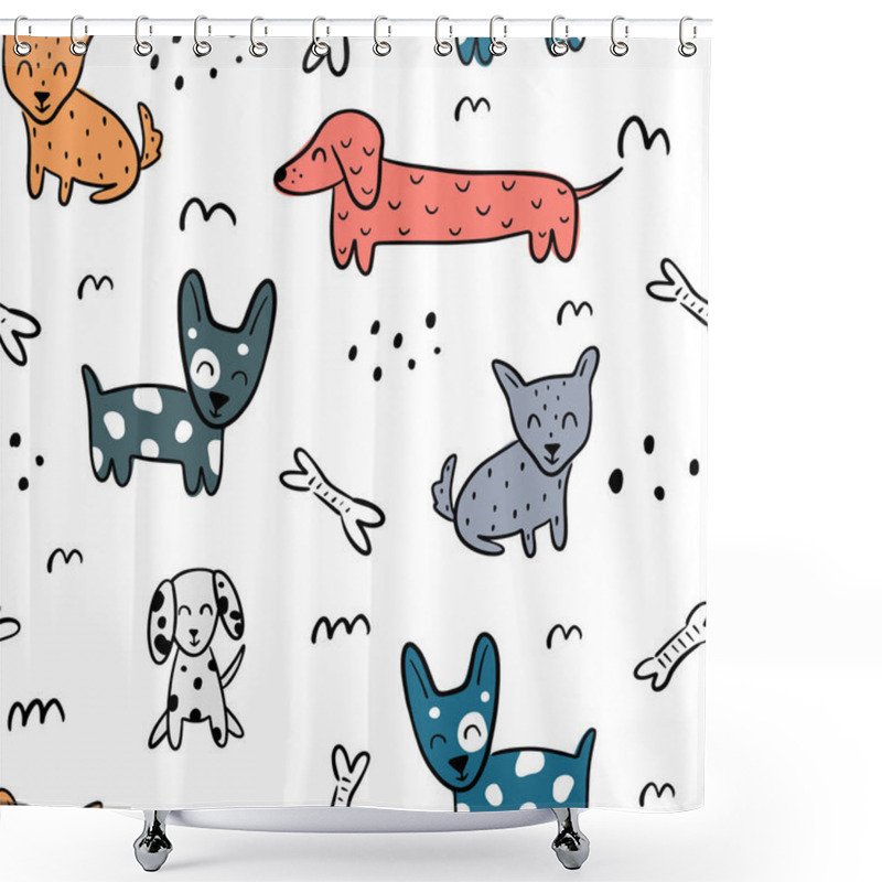 Personality  Cute Childish Seamless Pattern With Different Dogs, Bones, And Abstract Elements Isolated On White Background. Hand Drawn Doodles In Scandinavian Style. Perfect For Textiles, Fabric, Paper. Shower Curtains