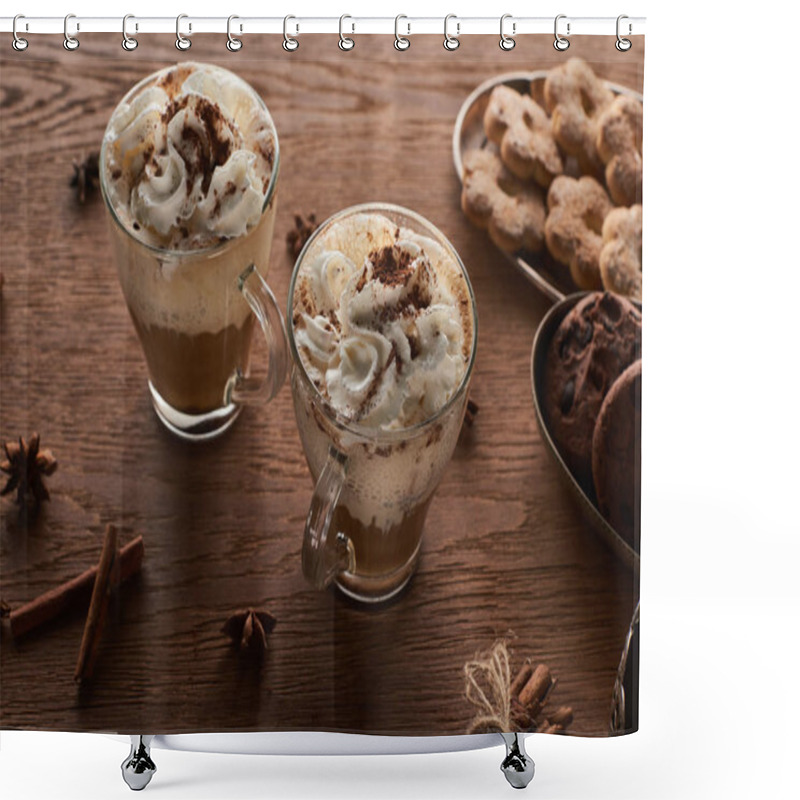 Personality  Christmas Cacao With Whipped Cream On Wooden Table Near Spices And Cookies Shower Curtains