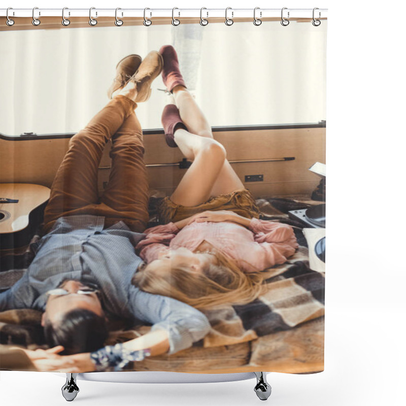 Personality  Hippie Couple Resting Inside Campervan With Guitar And Vinyl Player Shower Curtains