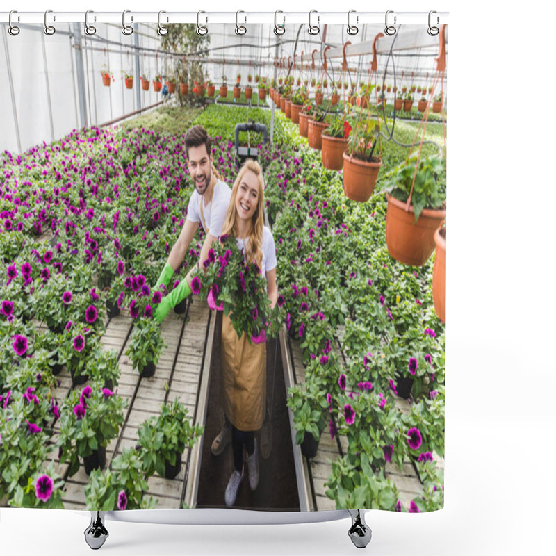 Personality  Smiling Gardeners Holding Pots With Flowers In Greenhouse Shower Curtains