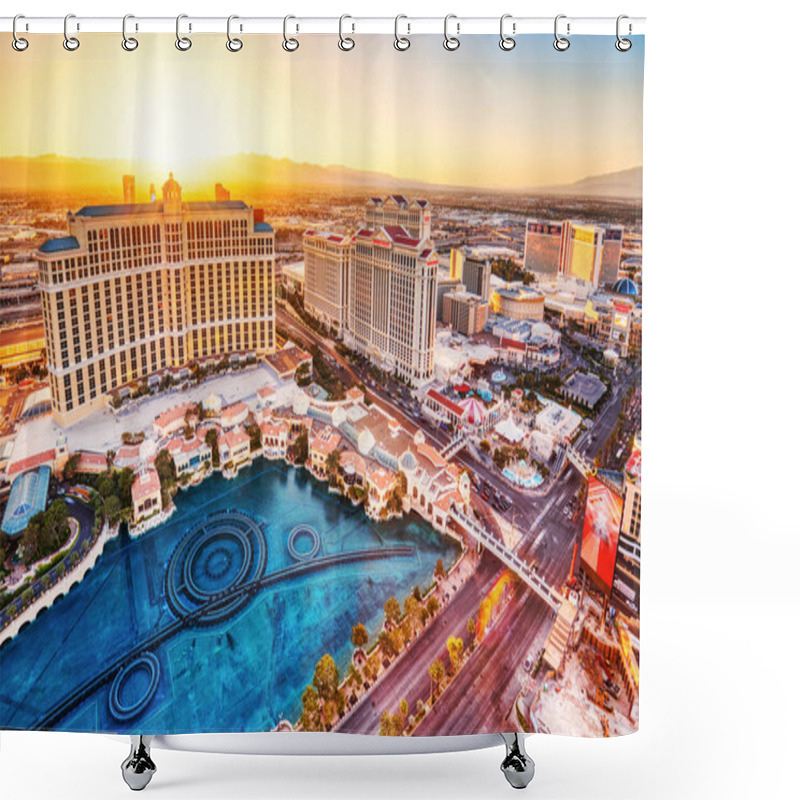 Personality  LAS VEGAS, USA - APRIL 20: Strip Aerial View At Sunset With Famous Bellagio Hotel On April 20, 2023 In Las Vegas, USA. Las Vegas Is One Of The Top Tourist Destinations In The World    Shower Curtains