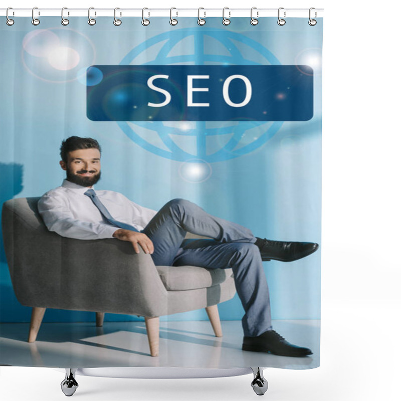 Personality  Successful Developer In Formal Wear Sitting In Grey Armchair, On Blue With SEO Sign Shower Curtains