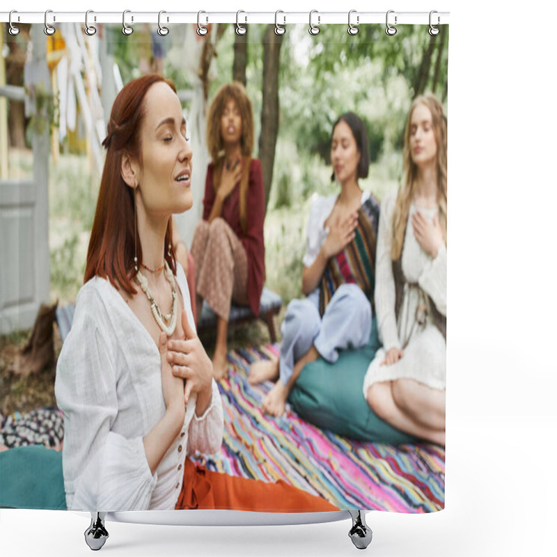 Personality  Joyful Redhead Woman Meditating Near Blurred Multiethnic Friends Outdoors In Retreat Center Shower Curtains