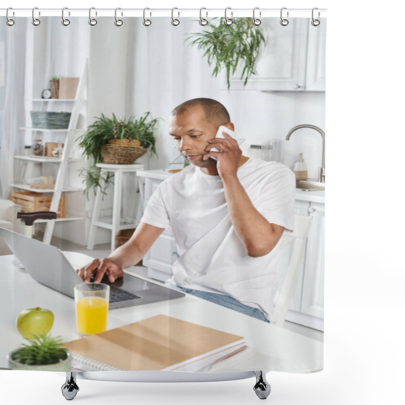 Personality  Disabled African American Man With Myasthenia Gravis Using A Laptop At A Kitchen Table. Shower Curtains