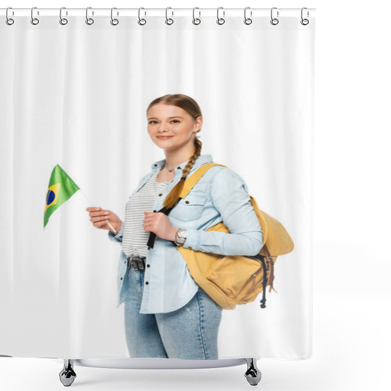 Personality  Smiling Pretty Student With Backpack Holding Flag Of Brazil Isolated On White Shower Curtains