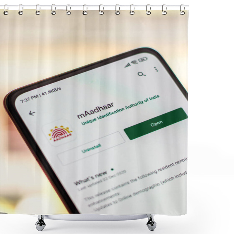 Personality  West Bangal, India - September 28, 2021 : Aadhaar Logo On Phone Screen Stock Image. Shower Curtains