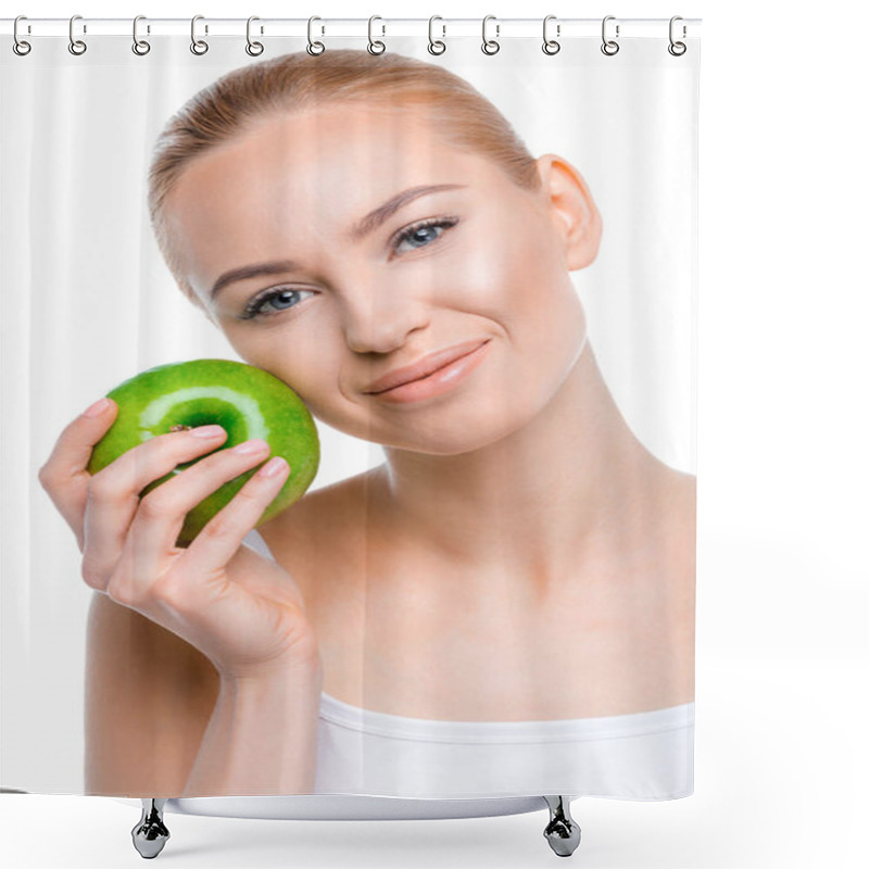 Personality  Young Woman With Apple  Shower Curtains