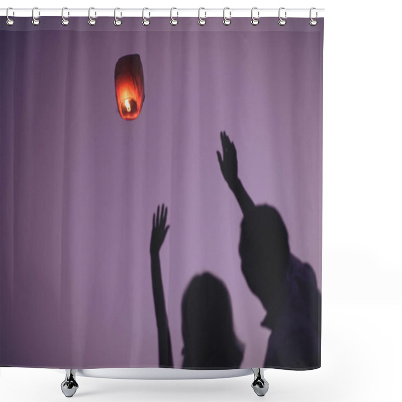 Personality  Silhouettes Of Couple Waving Hands To Flying Sky Lantern In Evening Shower Curtains