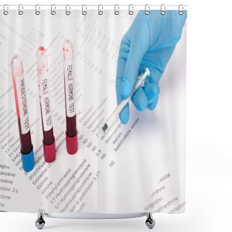 Personality  Cropped View Of Doctor Holding Syringe Near Test Tubes With Blood Samples And Lists With Hormones  Shower Curtains