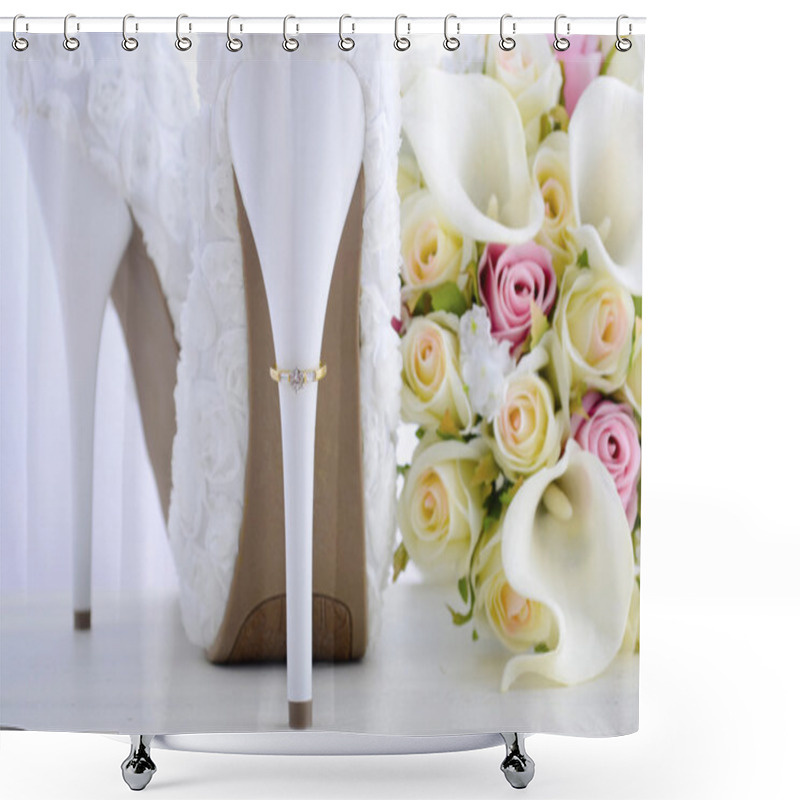 Personality  Wedding Ring On Beautiful White Stiletto Shoe Heel.  Shower Curtains