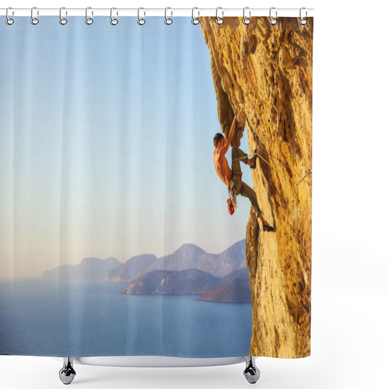 Personality  Young Man Trying To Reach Cliff In Order To Continue Climbing  Shower Curtains