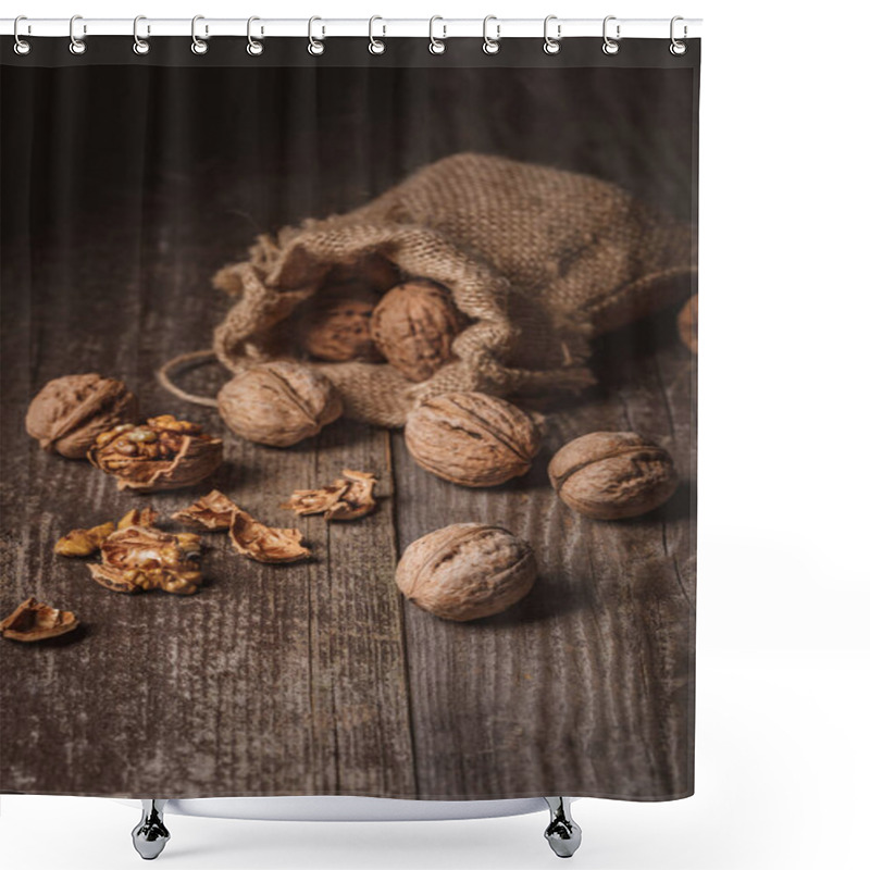 Personality  Close Up View Of Walnuts In Sack On Wooden Background Shower Curtains