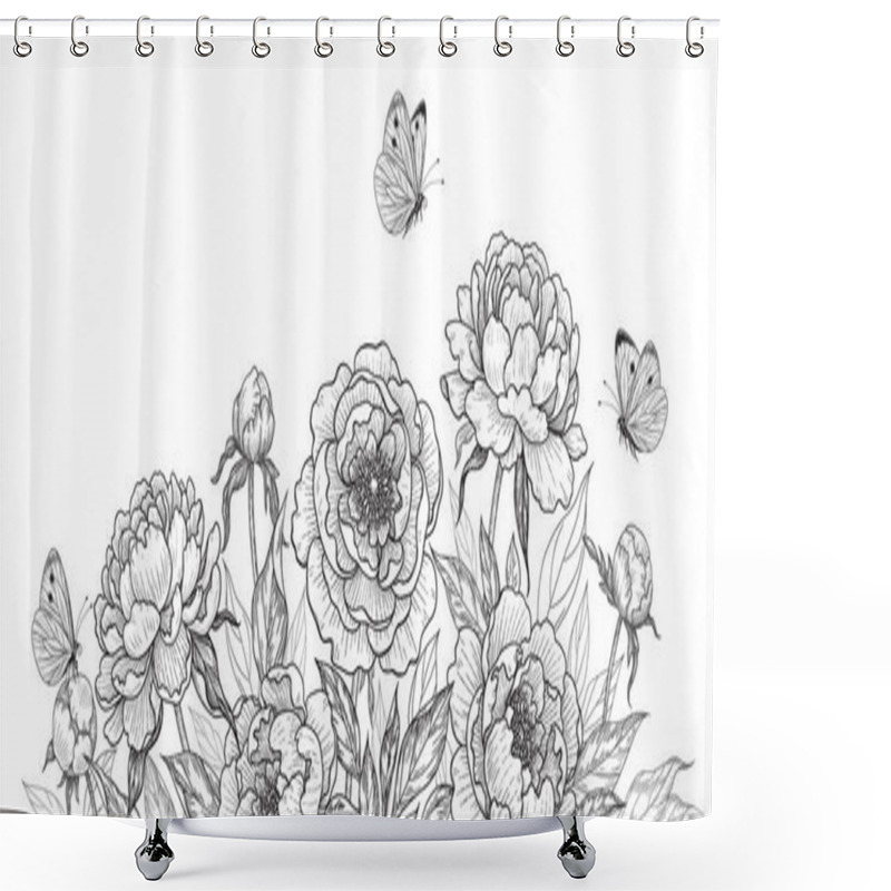 Personality  Horizontal Backgrounds With Blooming Peonies And Butterflies. Black And White Flowers And Flying Moths. Vector Monochrome Elegant Floral Composition In Vintage Style, Template Wedding Decoration. Shower Curtains