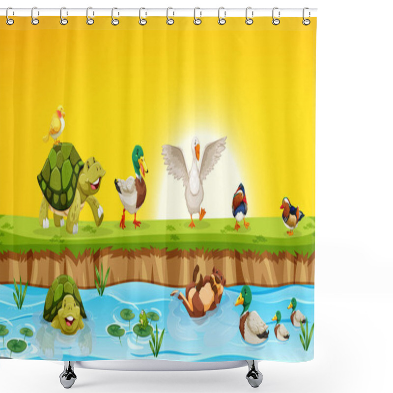 Personality  Different Animals In Pond Scene Illustration Shower Curtains