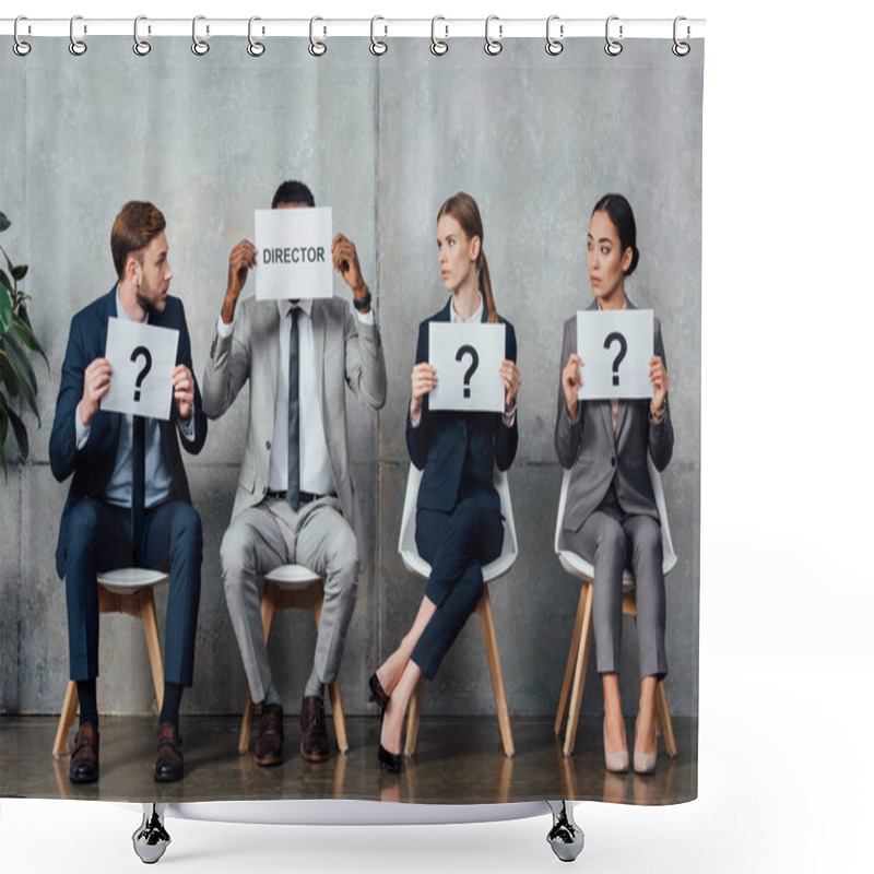 Personality  Multiethnic Businesspeople Holding Cards With 'director' Word And Question Marks In Front Of Faces In Waiting Hall Shower Curtains