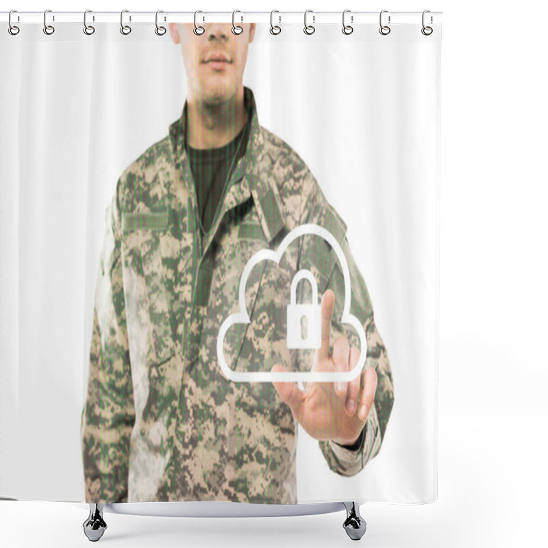 Personality  Cropped View Of Soldier In Uniform Pointing With Finger At Virtual Cloud With Padlock On White  Shower Curtains