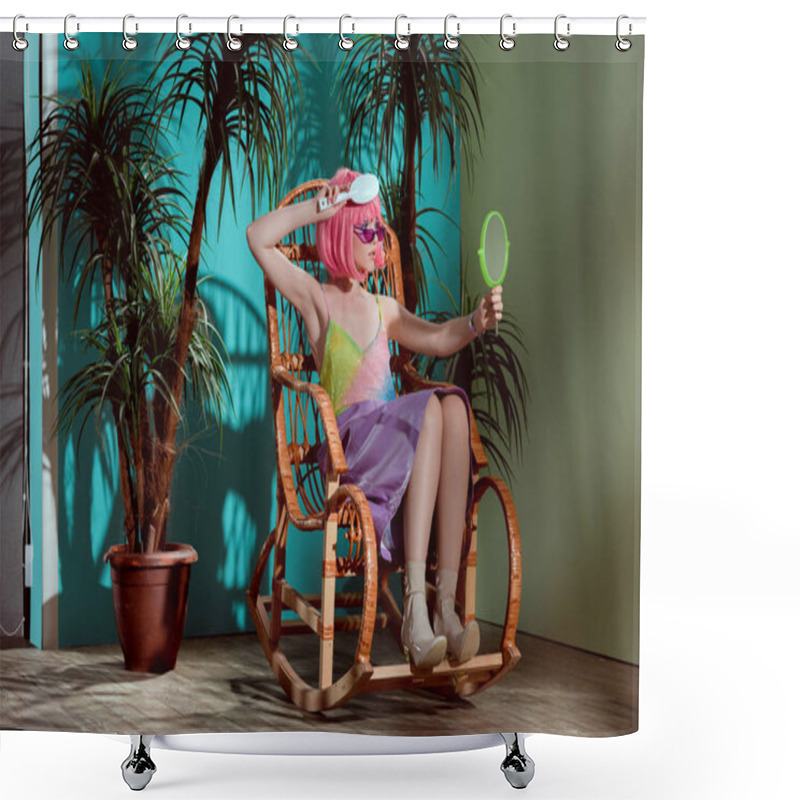 Personality  Attractive Girl In Pink Wig Combing Hair And Looking At Mirror While Sitting In Rocking Chair Shower Curtains