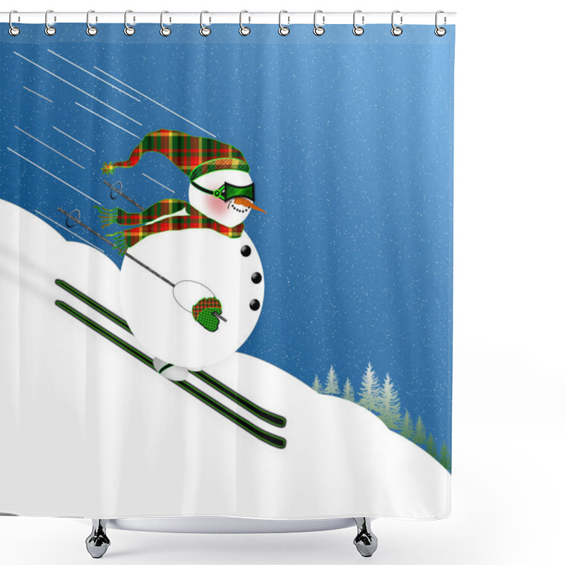 Personality  Fat Little Snowman Skiing At High Speed Down A Mountain Wearing Goggles And Matching Hat, Scarf And Gloves In Green, Red, Yellow Pattern.  Graphic Illustration Background Shower Curtains