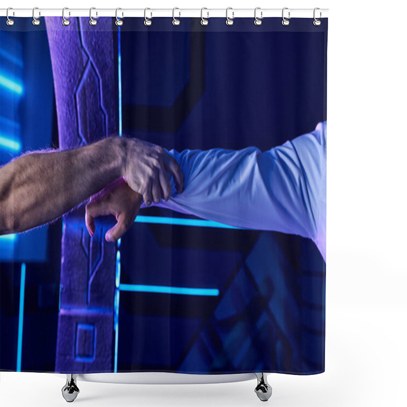 Personality  Cropped View Of Hands From Experimental Device Holding Scantiest In Futuristic Science Center Shower Curtains