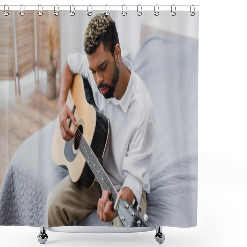 Personality  Young African American Man With Dyed Hair And Beard Playing Acoustic Guitar In Bedroom Shower Curtains