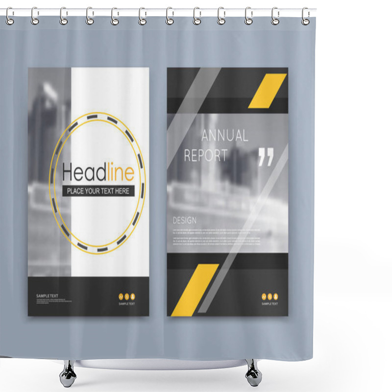 Personality  Abstract A4 Brochure Cover Design. Text Frame Surface. Urban City View Font. Title Sheet Model Set. Modern Vector Front Page. Brand Logo. Firm Banner Texture. Yellow Circle Figure Icon. Ad Flyer Fiber Shower Curtains