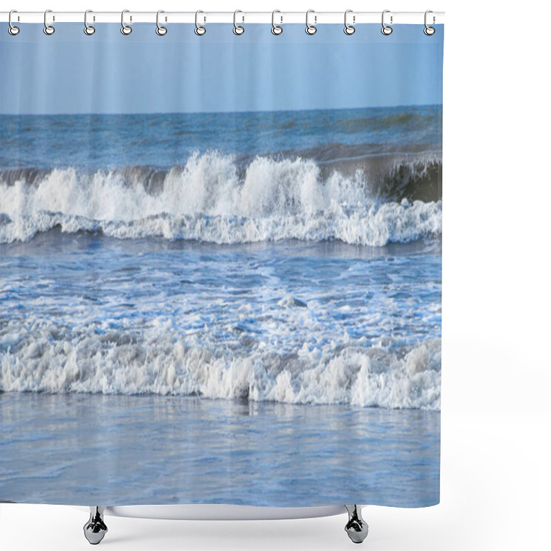 Personality  Capture The Raw Power And Beauty Of The Ocean With Waves Crashing Dramatically Against The Shore. The Image Showcases The Dynamic Movement Of The Sea, With Foamy White Surf Splashing Onto The Golden Sands. Shower Curtains