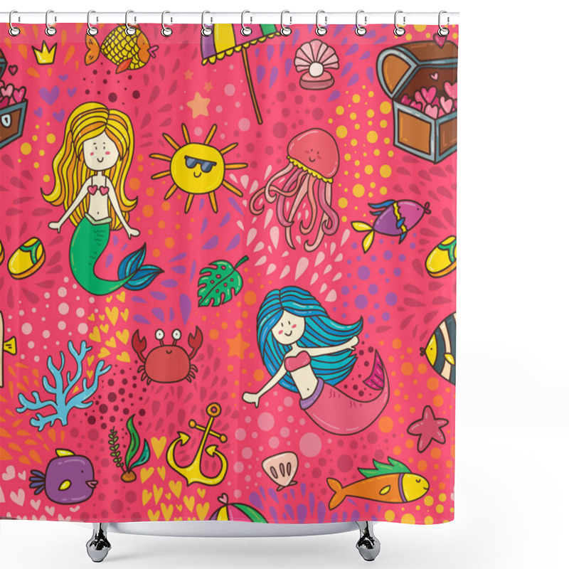 Personality  Colorful Cartoon Style Summer Sea Mermaids Illustration Elements Set. Underwater Life In Cute Sticker Badges Collection. Ready To Use Pin Design Shower Curtains