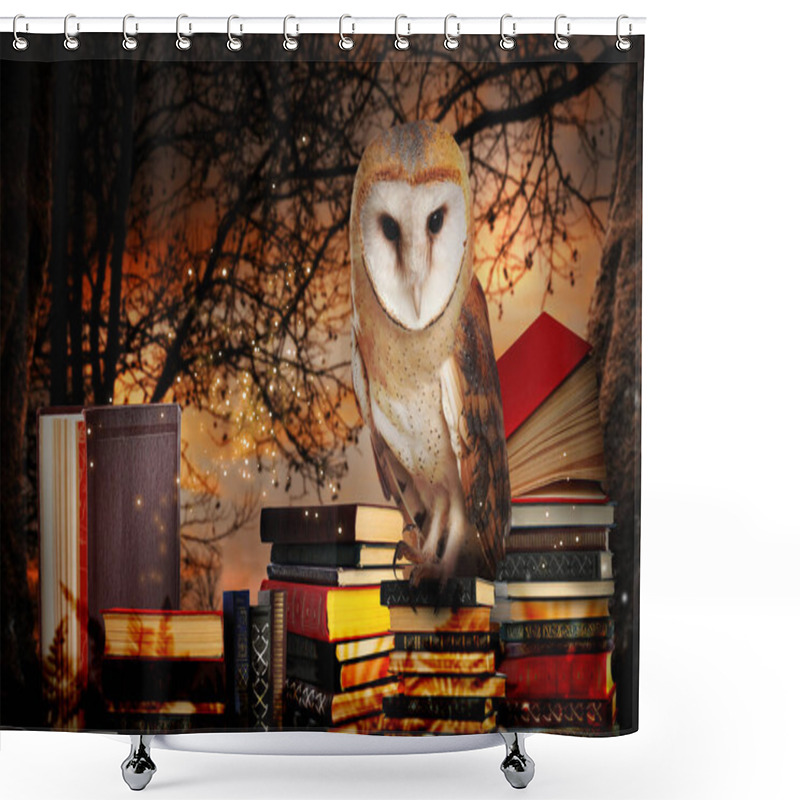 Personality  Beautiful Wise Owl On Books In Fantasy World Shower Curtains