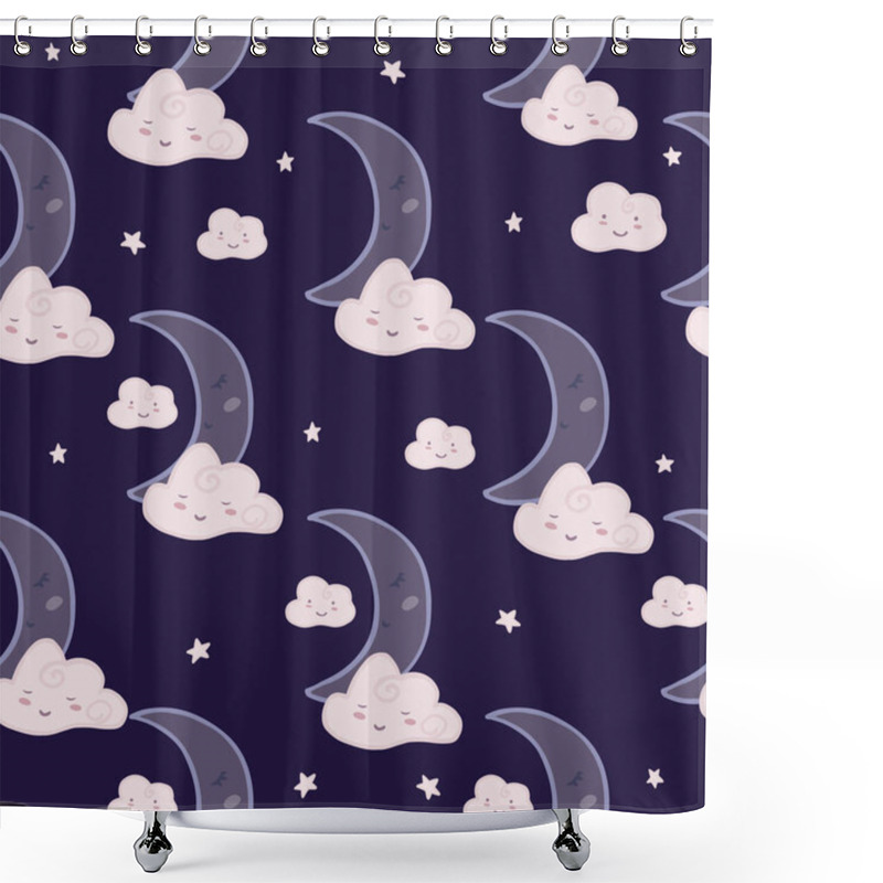 Personality  Seamless Pattern With Cute Sleeping Cloud Sky And Moon. Design For Baby Fabric, Textile Print, Wrapping Paper, Cover, Packing. Doodle Vector Illustration. Shower Curtains