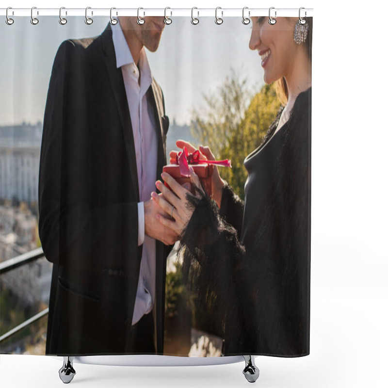 Personality  Man Giving Red Gift Box To Cheerful Woman On Terrace  Shower Curtains