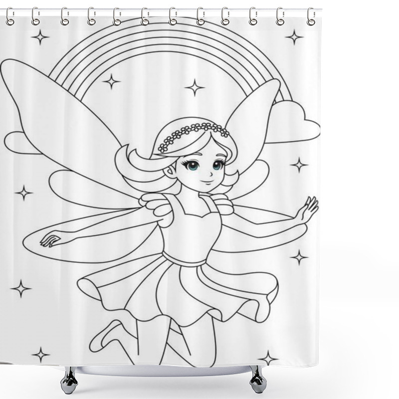 Personality  Cute Kawaii Fairy With Sparkling Wings Flying On White Background Outline Coloring Page For Kids Shower Curtains