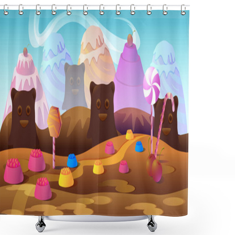 Personality  Cartoon Fairy Tale Landscape. Candy Land Illustration For Game Design. Shower Curtains