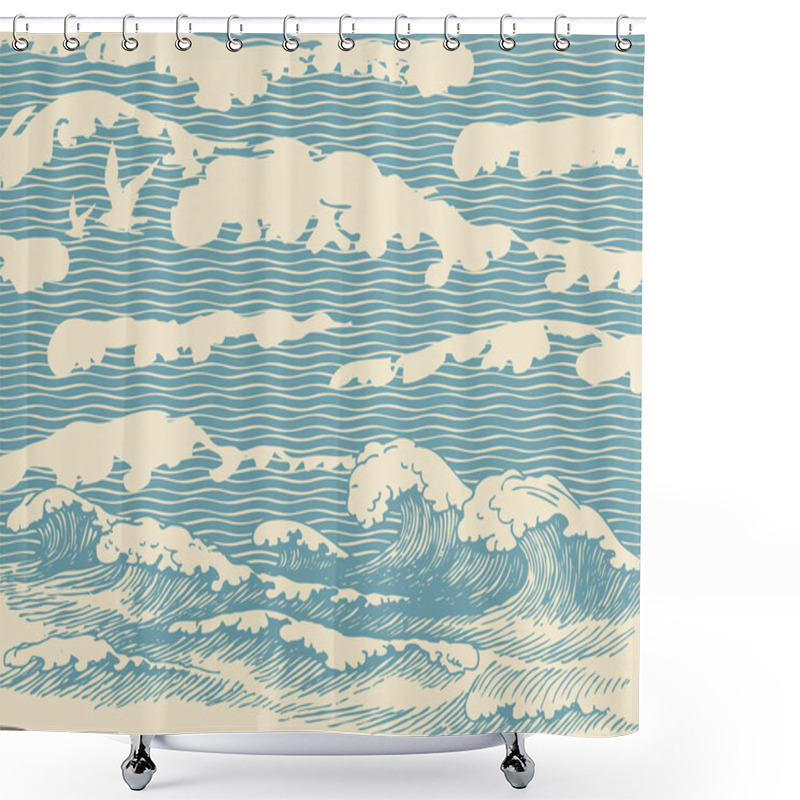 Personality  Decorative Illustration Of The Sea Or Ocean, Hand-drawn Storm Waves With Breakers Of Sea Foam. Vector Banner Or Background In Retro Style With Blue Waves Passing Into The Sky With Clouds Shower Curtains