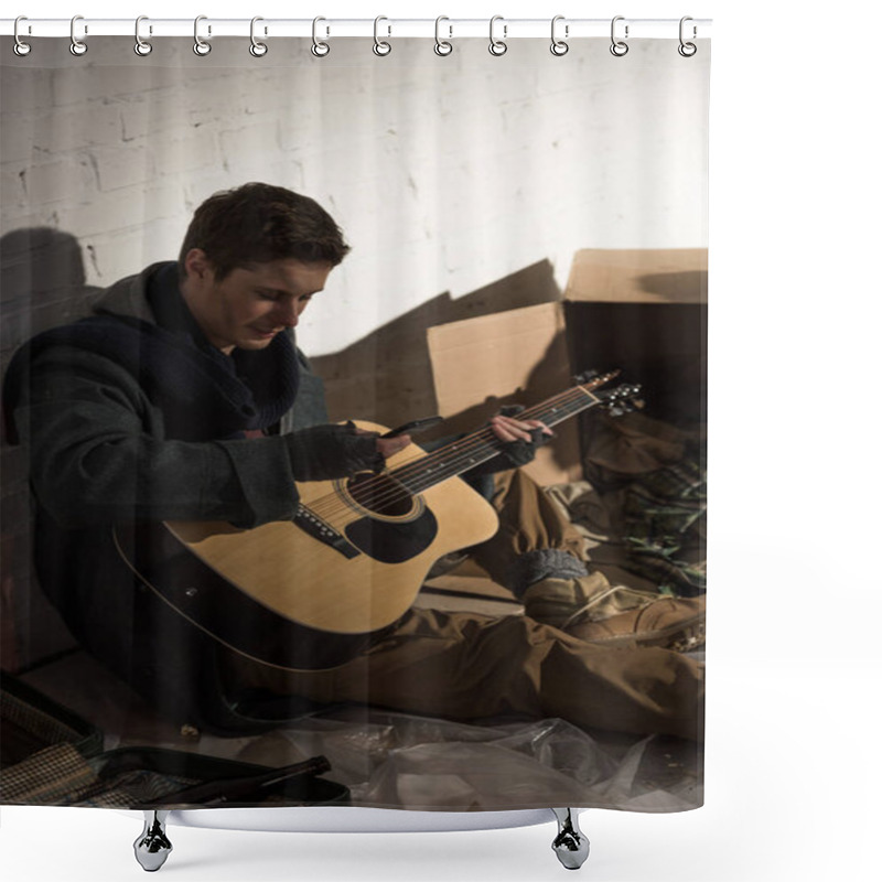 Personality  Homeless Man Holding Guitar And Using Smartphone While Sitting On Rubbish Dump Shower Curtains