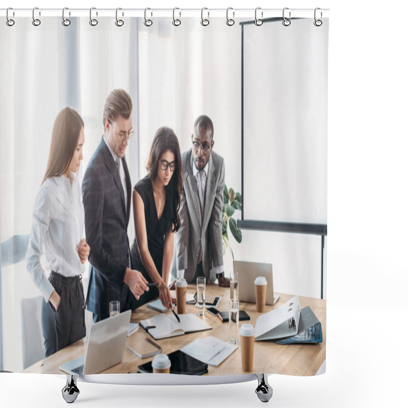 Personality  Multicultural Young Business People Having Business Meeting In Office Shower Curtains