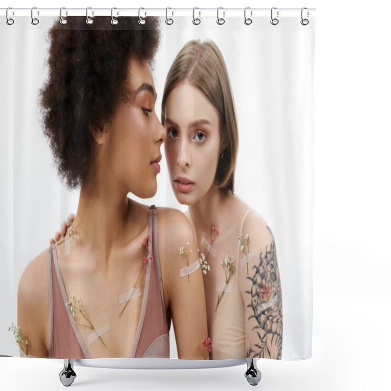 Personality  A Beautiful Couple Shares Intimate Moments Adorned With Flowers. Shower Curtains