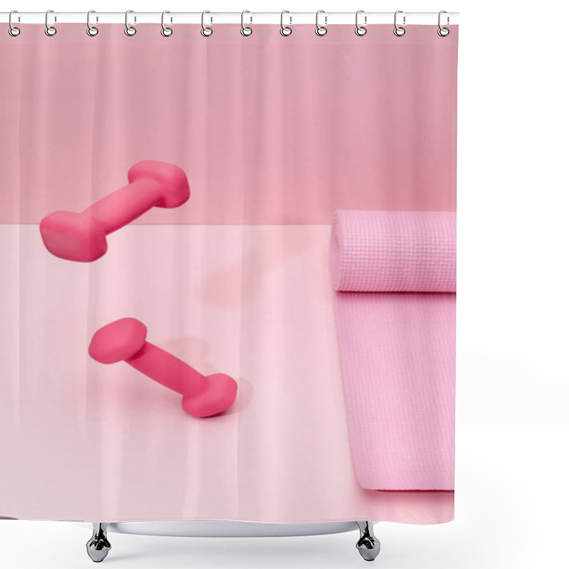 Personality  Pink Bright Dumbbells Levitating In Air Near Fitness Mat On Pink Background Shower Curtains