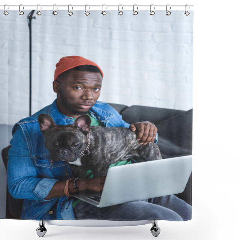 Personality  Handsome African American Man Working On Laptop And Hugging Frenchie Dog Shower Curtains