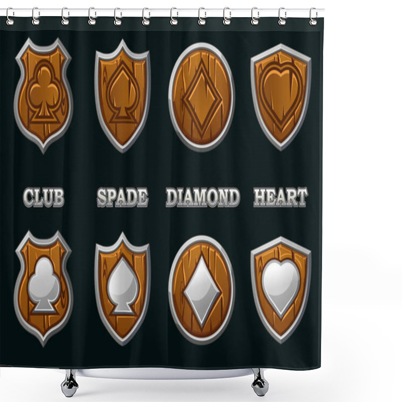 Personality  Suits Deck Of Playing Cards On Wooden Shield With Silver Frame Isolated. Vector Poker Symbols Icons. Shower Curtains