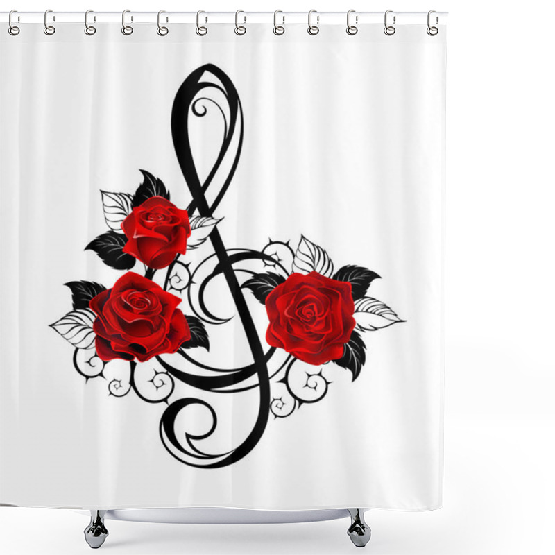 Personality  Black Outline, Musical Key With Realistic Red Roses With Black Leaves On White Background. Tattoo Style. Shower Curtains