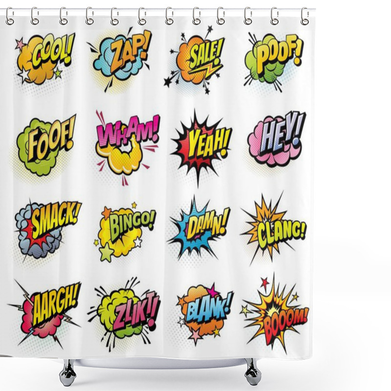 Personality  Comics Speech Bubbles And Sound Blast Isolated Vector Icons Set. Cartoon Pop Art Bubbles Of Boom, Bingo Or Bang Sounds. Yeah Or Cool And Zap, Sale, Damn And Clang Comics Blast Explosions And Flash Shower Curtains